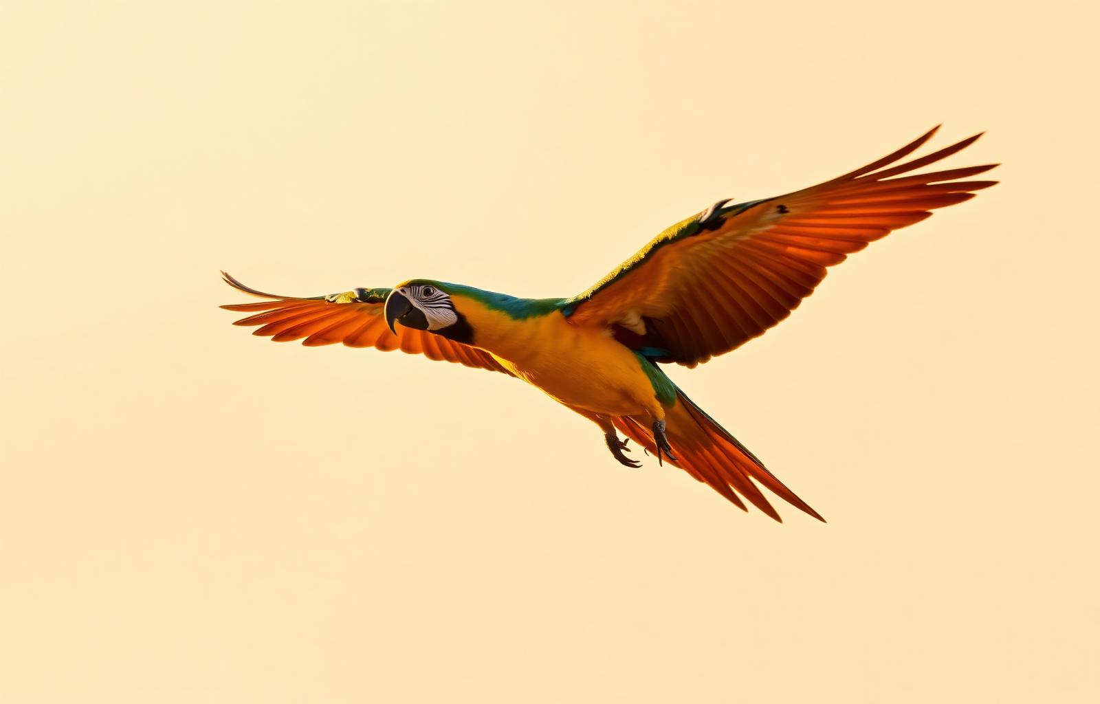Macaw in flight at golden hour